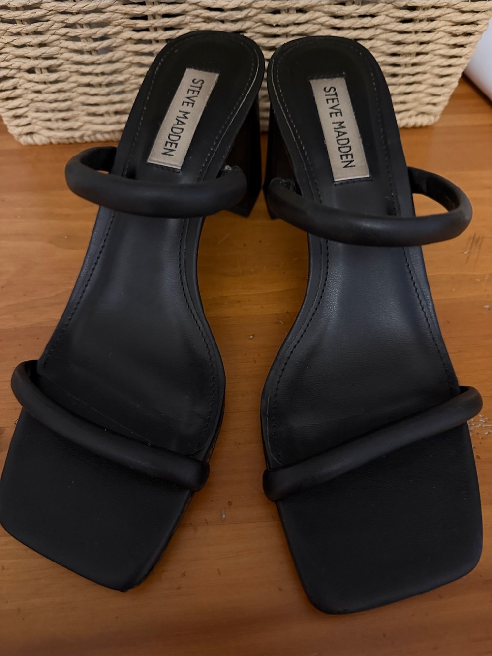 Steve Madden Black Double-Strap Chunky 3” Heel Sandals